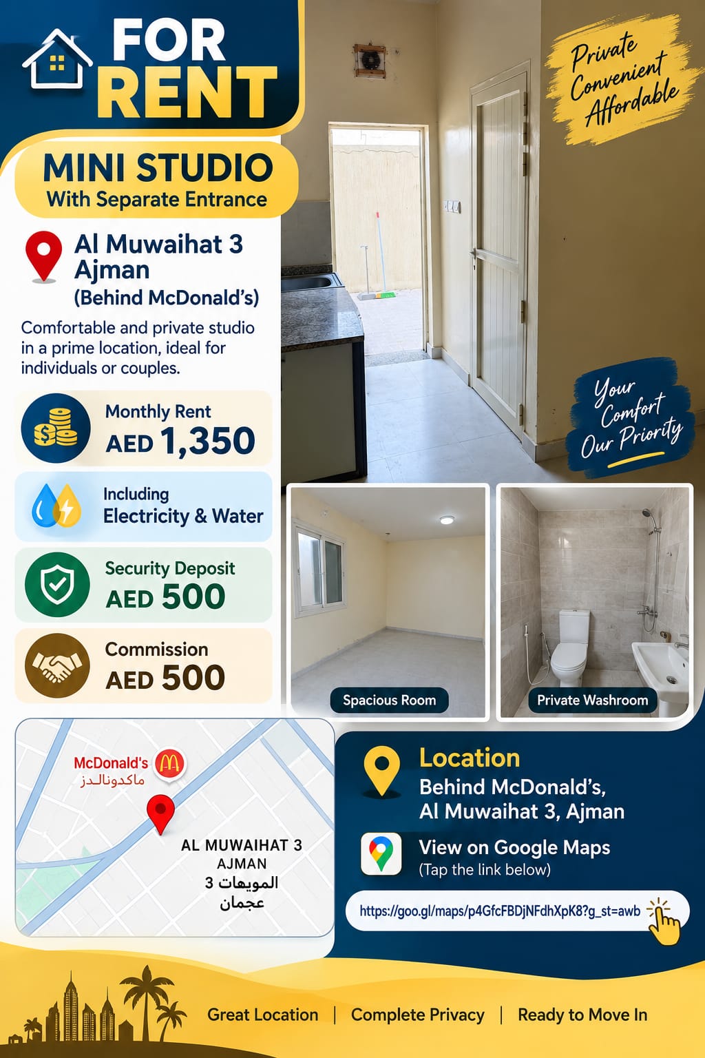 Mini studio for rent in Al Muwaihat 3