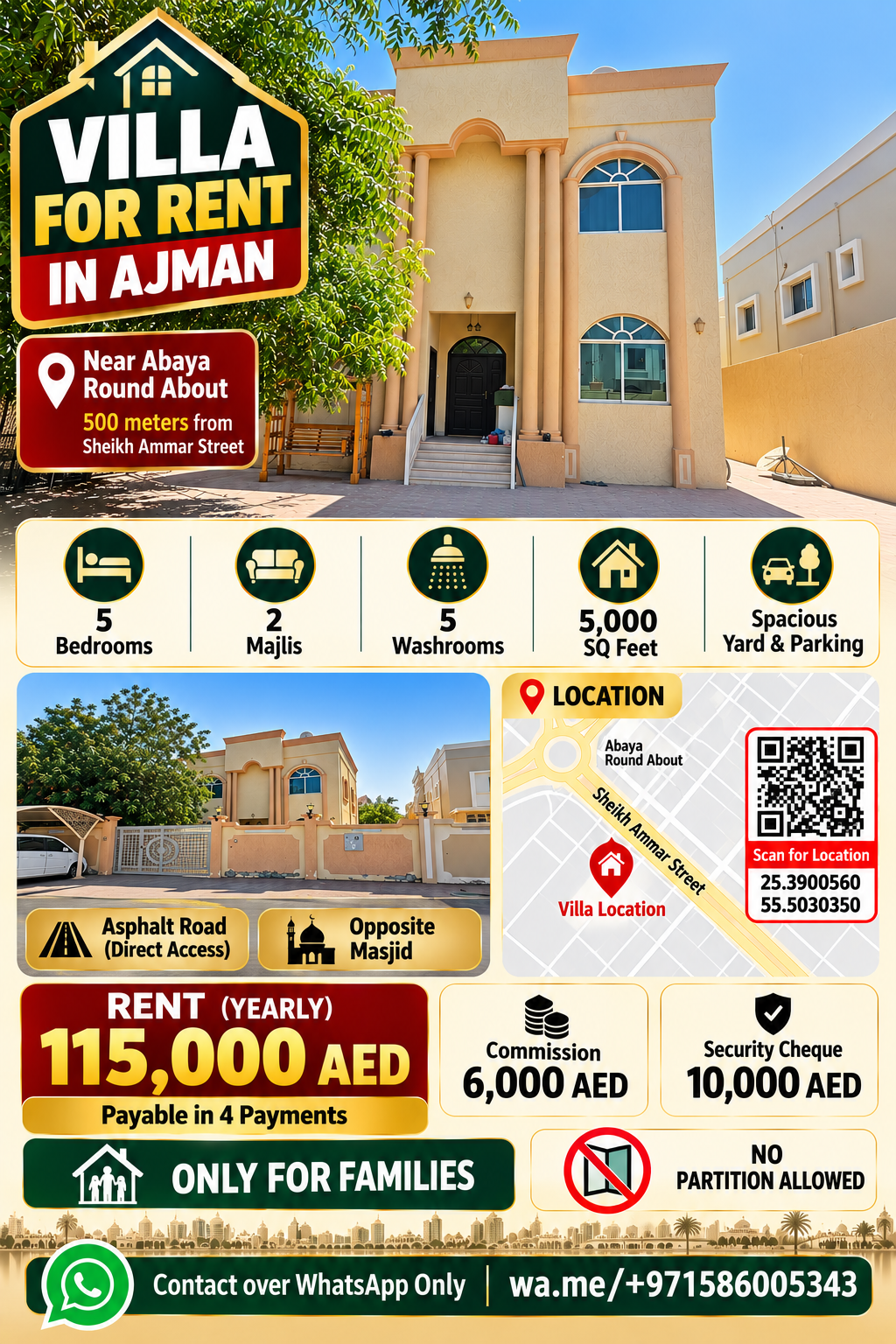 Five-bedroom villa for rent near Abaya Roundabout, Ajman